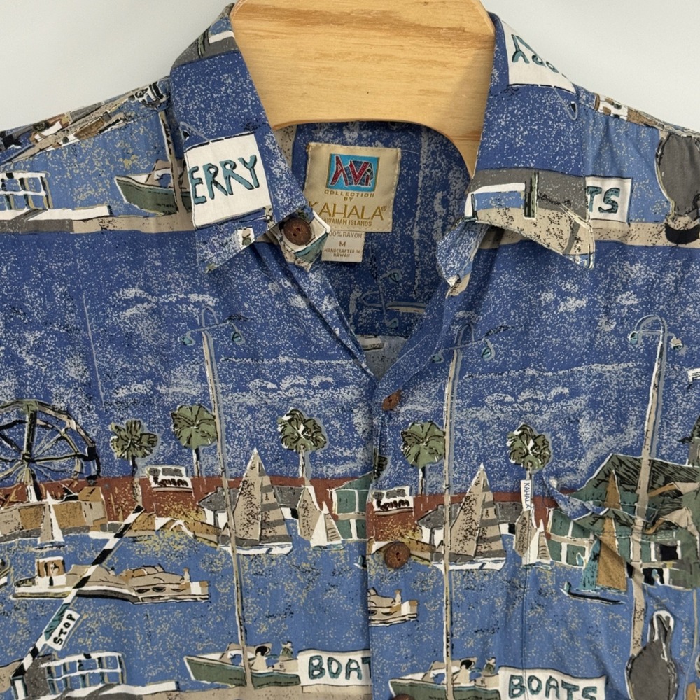 Kahala AVI Collection Mens Medium Blue Rayon Hawaiian Shirt Nautical Boat Print